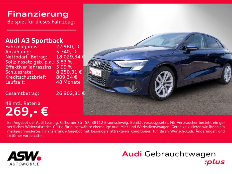 Fahrzeugabbildung Audi A3 Sportback S line 30TDI Stron LED Navi SHZ RFK