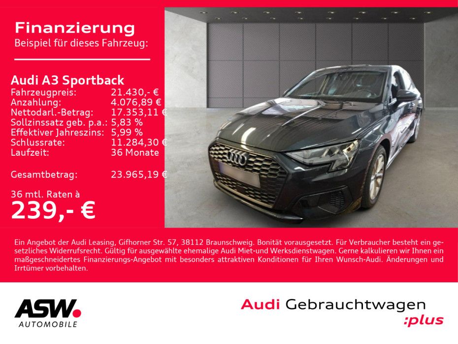 Fahrzeugabbildung Audi A3 Sportback 30TDI NAVI LED B&O RFK SHZ GRA VC
